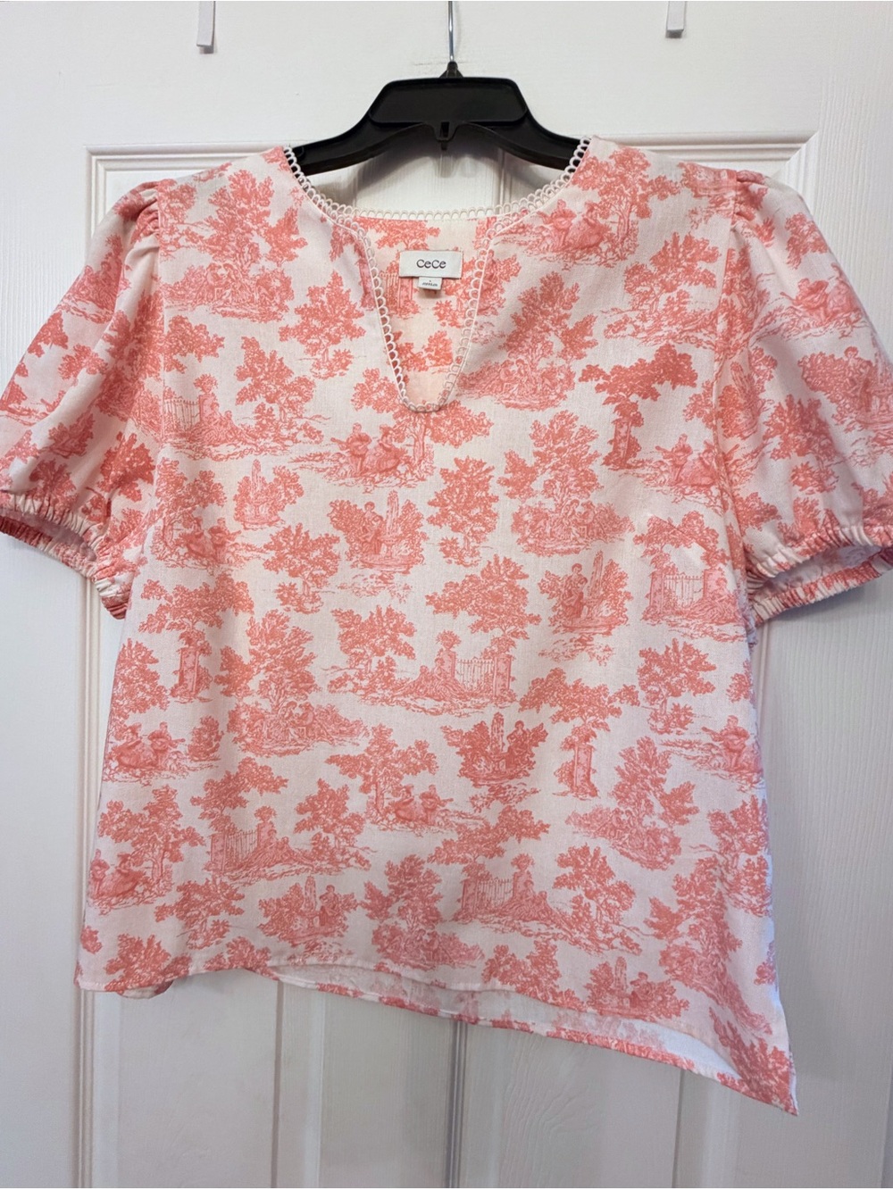 CeCe Coral Pink Toile Puff-Sleeve Blouse NWOT